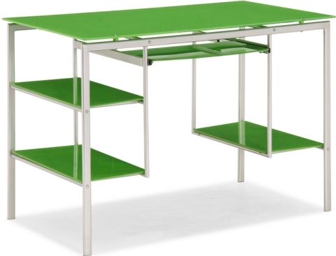 Zuo Modern 277002 Jumper Desk, Contemporary / Modern Style, Glass / Steel Product Material, Jumper Product Collection, Tempered glass top, Shelving painted in green with a silver epoxy coated steel tube frame, Green Product Finish (277002 277-002 277 002)