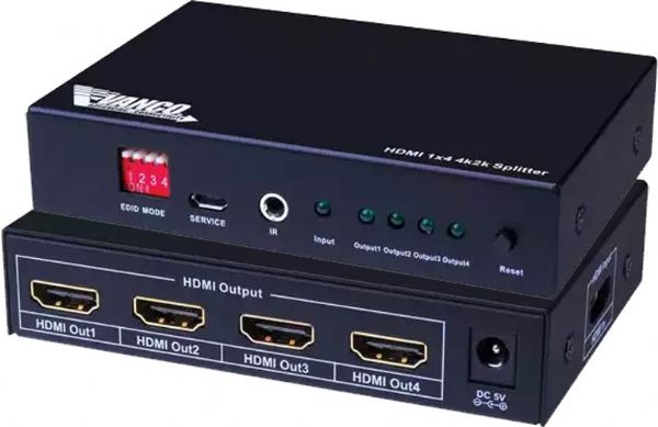 Vanco 280704 HDMI 1 X 4 Splitter With IR Control, Black Color; Allows 1 HDMI Source To Be Displayed On Up To 2 HDMI Displays; This Equipment Has The EDID Management That Supports The Default HDMI EDID Options Or Has The Ability To Copy The EDID Of Any Screen Connected To The Source For Any 