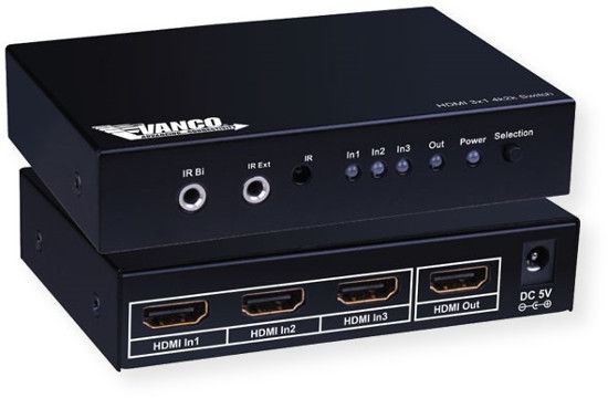 Vanco 280711 HDMI 31 4K2K Switch; Black; Allows 3 sources to be switched and distributed to a single display; Features Smart Switching Technology that will automatically switch to any HDMI signal that is connected or turned on, automatically switches to the next HDMI source signal that is active if turning off current HDMI input; UPC 741835091756 (280711 280-711 280711SWITCH 280711-SWITCH 280711VANCO 280711-VANCO)