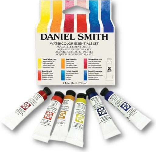 Daniel Smith 285610005 Essentials, Watercolor 5ml Set, 6-Colors; The new set has six 5ml transparent watercolors; The pigments were carefully selected to give you a wide range of colors and values; When mixed together the colors you can create are endless; Dimensions 3.38