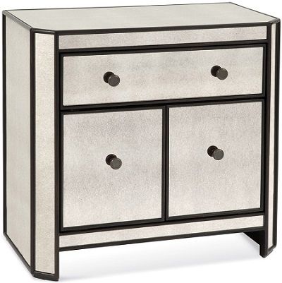 Bassett Mirror 2893-225EC Model 2893-225 Belgian Luxe McDowell Commode; Sleek lines; Antiqued mirrored top, sides and drawer fronts; Angled front corners and plenty of storage; Width 30