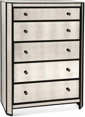 Bassett Mirror 2893-920EC Model 2893-920 McDowell 5 Drawer Chest; Sleek lines; Antiqued mirrored top, sides and drawer fronts; Angled front corners; Plenty of storage; Dimensions 38 x 17 x 54H; Weight 364 pounds; UPC 036155310725 (2893920 2893-920-EC 2893 920 EC 2893920EC)