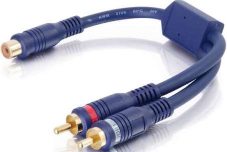 Cables To Go 29122 Velocity 1.6 ft./0.5 Two RCA Stereo Male to One RCA Mono Female Y-Cable, Blue; 24K gold-plated heavy duty connectors ensure long lasting sound quality from corrosion-free connections; Connect mono audio to stereo audio equipment with dual RCA connectors; Weight 0.080 Lbs; UPC 757120291220 (29-122 291-22)