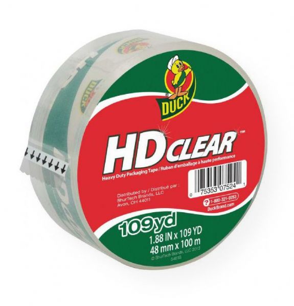 Duck Tape 297438 Heavy-Duty Clear Tape; Crystal-clear packaging tape has 2.6 mil thickness for heavy-duty box sealing; Designed for a wide temperature application range; Ultraviolet resistant to reduce aging and yellowing; Meets postal regulations; 1.88