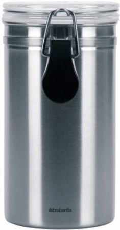 Brabantia 298080 Clip Canister 1.1 litre, Matte Steel, Contents remain full of flavour and fresh for longer, Completely dishwasher-safe, Smart: lid remains neatly open whilst pouring out contents due to patented closure, All metal components are made of 100% stainless steel, Fitted with transparent lid, Body made of seamless welded stainless steel, Flat base and flat top match, Clip closure with silicone ring (298-080 298 080)