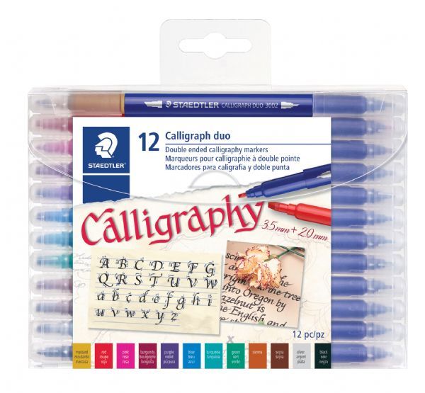 Mars 3002TB12LU Lumograph Calligraph duo; Calligraphy marker with two tips; Two points for large and small lettering; Water-based pigmented ink; Lightfast archival ink; Shipping Weight 0.72 lb; Shipping Dimensions 6.15 x 4.85 x 0.5 in; UPC 031901952495 (MARS3002TB12LU MARS-3002TB12LU LUMOGRAPH-3002TB12LU CALLIGRAPHY ARTWORK)