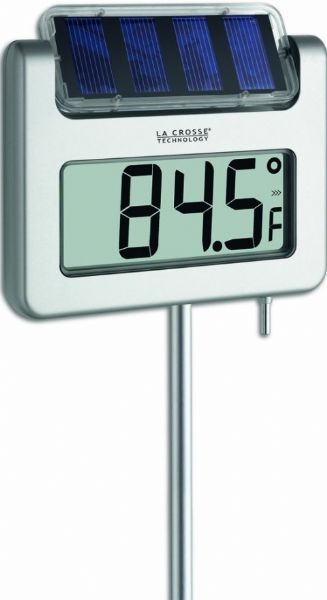 La Crosse Technology 306-645 Solar-Powered Garden Thermometer, Solar Powered Backlight, Outdoor Temperature in C or F, Large Backlit LCD Display, Records MIN & MAX Temperature with Auto Reset, Clock with DST Indicator, Weather Resistant, -13F to 158F Temperature Range, UPC 757456987897 (306645 306-645 306 645 LACROSSETECHNOLOGY306645 LACROSSETECHNOLOGY 306645)