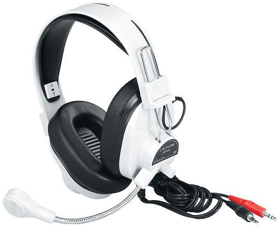 Califone 3066AV Deluxe Headphones with Boom Microphone Standard; Volume control on the ear cup; Electret microphone on a flexible gooseneck; Replaceable, cleanable ear cushions; Adjustable headband fits children and adults; Standard headphone used in IBM 
