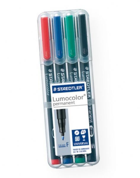 Staedtler 318WP-4 Lumocolor Permanent Marker Set Fine; Universal pen for overhead projectors and almost all surfaces, CDs, DVDs, etc; Dry safe feature allows for several days of cap-off time without drying up; Permanent, neutral-smelling ink is waterproof and smudge-proof; Brilliant, lightfast colors dry in seconds, making these markers ideal for left-handed users; EAN 4007817310809 (STAEDTLER318WP4 STAEDTLER-318WP4 LUMOCOLOR-318WP-4 STAEDTLER-318WP4 318WP4 OFFICE MARKER)