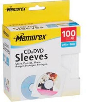 Memorex 32021961 CD/DVD Sleeves - Slide Insert, Low cost protection and storage, Window for easy viewing and organizing, White back flap for added security, UPC 034707019614 (3202-1961 3202 1961)