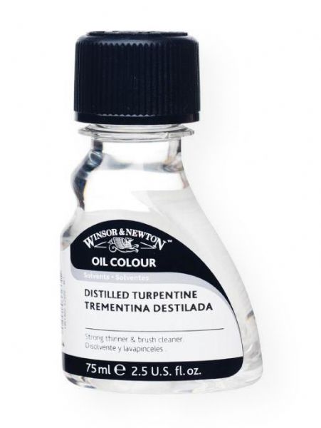 Winsor & Newton 3221744 Distilled Turpentine 75ml; A fast evaporating, highly refined essential oil with the strongest thinning and brush cleaning power of all Artists' grade solvents; Suitable for removing varnish (including Dammar Varnish); Keep tightly closed and away from light to prevent oxidation; Do not use if it has thickened; Shipping Weight 0.22 lb; Shipping Dimensions 4.41 x 2.2 x 1.38 in; UPC 884955015520 (WINSORNEWTON3221744 WINSORNEWTON-3221744 WINSORNEWTON/3221744 ARTWORK)