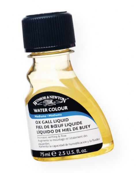Winsor & Newton 3221766 Ox Gall Liquid; A wetting agent used to improve flow when mixed directly with watercolors; Can also be used on very hard sized papers to reduce surface tension; 75ml; Shipping Weight 0.21 lb; Shipping Dimensions 4.41 x 2.2 x 1.38 in; UPC 884955017944 (WINSORNEWTON3221766 WINSORNEWTON-3221766 3221766 ARTWORK)