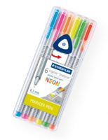 Staedtler 334SB6NAS Triplus Fineliner Pens, 6-Color Neon Set; Slim and lightweight with a 0.3mm superfine, metal-clad tip; Ergonomic, triangular-shaped barrel for fatigue-free writing; Dry-safe feature allows for several days of cap-off time without ink drying out; Acid-free; 6-color neon-themed set; Shipping Weight 0.18 lb; Shipping Dimensions 6.69 x 2.64 x 0.67 in; UPC 031901951481 (STAEDTLER334SB6NAS STAEDTLER-334SB6NAS TRIPLUS-334SB6NAS ARTWORK) 