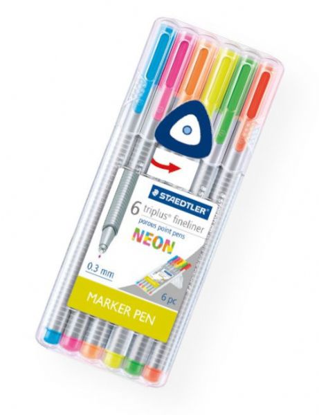Staedtler 334SB6NAS Triplus Fineliner Pens, 6-Color Neon Set; Slim and lightweight with a 0.3mm superfine, metal-clad tip; Ergonomic, triangular-shaped barrel for fatigue-free writing; Dry-safe feature allows for several days of cap-off time without ink drying out; Acid-free; 6-color neon-themed set; Shipping Weight 0.18 lb; Shipping Dimensions 6.69 x 2.64 x 0.67 in; UPC 031901951481 (STAEDTLER334SB6NAS STAEDTLER-334SB6NAS TRIPLUS-334SB6NAS ARTWORK)