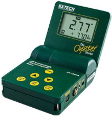 Extech 341350A-P Oyster Series PH/Conductivity/TDS/ORP/Salinity Meter; Meter with mini pH electrode and Polymer conductivity cell; Large LCD built into adjustable flip-up cover displays measurement and Temperature simultaneously; Microprocessor based with splash proof housing and front panel tactile touch pad to slope and calibrate; Dimension 3.7
