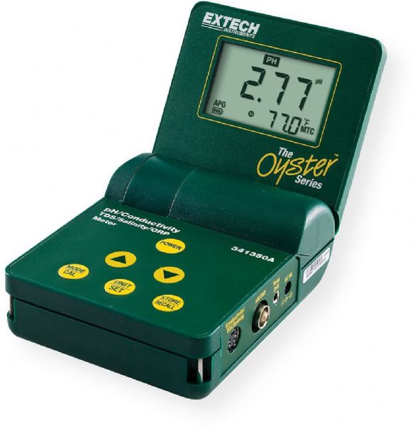 Extech 341350A-P-NIST Oyster Series pH/Conductivity/TDS/ORP/Salinity Meter with NIST Certificate, Large LCD built into adjustable flip-up cover displays measurement and Temperature simultaneously, Microprocessor based with splash proof housing and front panel tactile touch pad to slope and calibrate; Dimensions 3.7