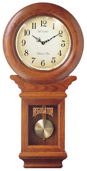 River City Clocks 3416O Regulator Wall Clock, Oak Finish; Movement: Genuine German Quartz Movement; Power: One 