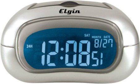 Elgin 3455E Electric Alarm Clock with Selectable Display Color, 0.6'' LCD Display, 7 Display Colors (aqua, red, green, pink, teal, purple and yellow), Displays Day and Month, Digitally Displays Second s 1 to 60, Ascending Alarm, Snooze repeats every 5-minutes, Multifunction alarm clock, Uses 1 AA battery (not included) (34-55E 345-5E 3455)