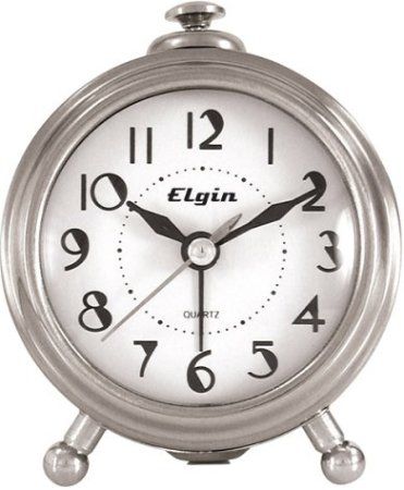 Elgin 3514E Bedside Alarm Clock with Brushed Silver Case and Glass Lens, Vintage housing calls to mind 1940s-era designs, Ascending alarm grows progressively louder as you awake, Lighted dial for nighttime viewing; accurate quartz movement, Single AA battery (not included) (35-14E 351-4E 3514)