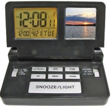 Elgin 3583E Travel Dual Alarm Clock With Built-In Digital Photo Frame, 1.44
