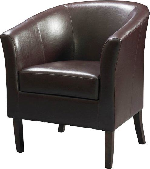 Linon 36077BER-01-AS-U Simon Blackberry Club Chair, Dark Walnut Frame & Blackberry Leatherette Finish, Hardwood frame, Flared armrests, High arms and a deep seat, Arching backrest, 275 lbs Weight Limit, 28.25