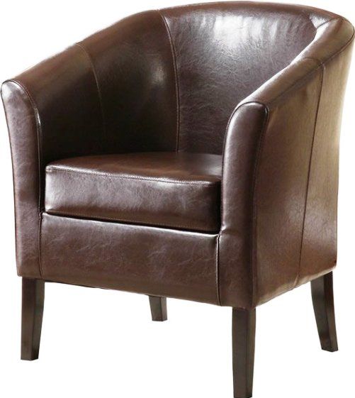 Linon 36077BRN-01-AS-U Simon Brown Club Chair, Brown Leatherette Finish, Hardwood frame, Flared armrests, High arms and a deep seat, Arching backrest, 275 lbs Weight Limit, 28.25
