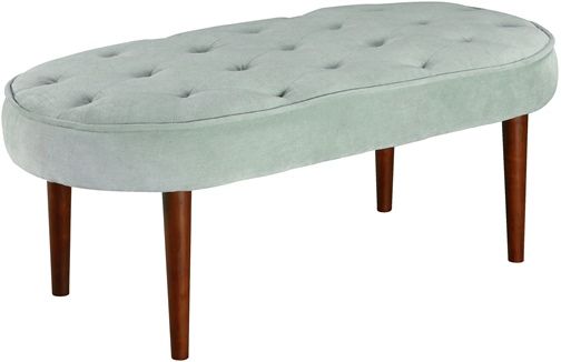 Linon 36116SBLU01U Elegance Bench, Spa Blue; Ideal for providing seating to any bedroom, living space or entry area; Upholstered in a lavender microfiber fabric, the bench has straight lined dark walnut finished legs; Oval shaped seat has a plush cushioned top for comfort and is accented with tufting for an added detail; UPC 753793935317 (36116-SBLU01U 36116SBLU-01U 36116-SBLU-01U)