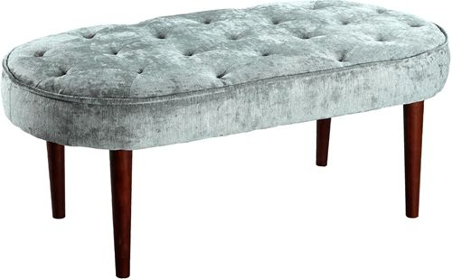 Linon 36116SIL01U Elegance Bench, Silver; Ideal for providing seating to any bedroom, living space or entry area; Upholstered in a lavender microfiber fabric, the bench has straight lined dark walnut finished legs; Oval shaped seat has a plush cushioned top for comfort and is accented with tufting for an added detail; UPC 753793935324 (36116-SIL01U 36116SIL-01U 36116-SIL-01U)