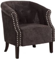 Linon 36274GRAY01U Tyrone Charcoal Tufted Barrel Chair with Nail Heads; Add comfortable seating to your home; High arms and deep seat give way to an arching backrest that is accented with button tufting; Brushed silver nail heads accents add an eyecatching detail to the charcoal grey upholstery; UPC 753793936048 (36274-GRAY01U 36274GRAY-01U 36274-GRAY-01U) 