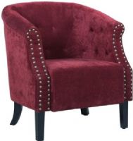 Linon 36274RED01U Tyrone Red Tufted Barrel Chair with Nail Heads; Add comfortable seating to your home; High arms and deep seat give way to an arching backrest that is accented with button tufting; Brushed silver nail heads accents add an eyecatching detail to the charcoal grey upholstery; UPC 753793936031 (36274-RED01U 36274RED-01U 36274-RED-01U) 