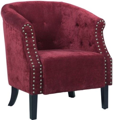 Linon 36274RED01U Tyrone Red Tufted Barrel Chair with Nail Heads; Add comfortable seating to your home; High arms and deep seat give way to an arching backrest that is accented with button tufting; Brushed silver nail heads accents add an eyecatching detail to the charcoal grey upholstery; UPC 753793936031 (36274-RED01U 36274RED-01U 36274-RED-01U)
