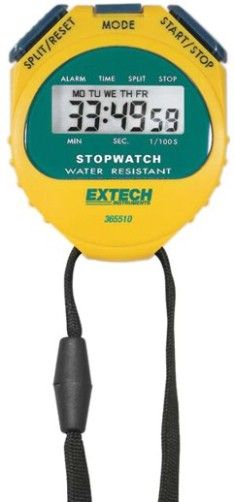 Extech 365510-NIST Water Resistant Digital Stopwatch/Clock with NIST Certificate, Sporty colorful yellow stopwatch with large LCD, Stopwatch counts up to 23 hours 59 min, 59 seconds accurate to 3 seconds/day, Stopwatch/Chronograph mode with 1/100sec resolution (365510NIST 365510 NIST 365-510 365 510)
