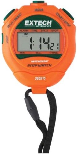 Extech 365515-NIST Stopwatch/Clock with Backlit Display & NIST Certificate, 1/100th second resolution for 30 minutes, 1 second resolution up to 24 hours, 12 or 24 hour clock format, Timing capacity 23hrs, 59mins, and 59.99secs, Basic accuracy 3 seconds/day (365515NIST 365515 NIST 365-515 365 515)