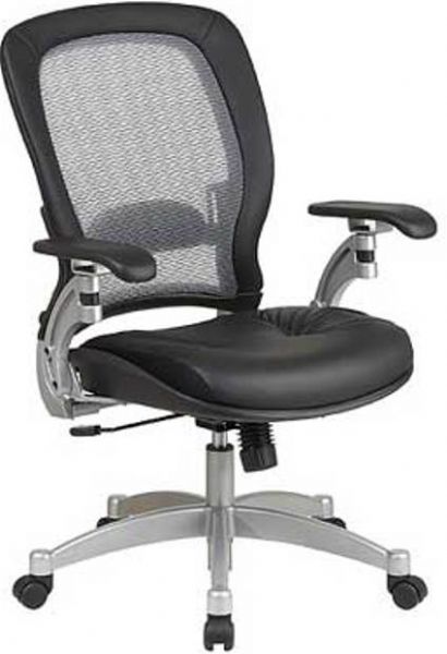 Office Star 3680 Space Collection Air Grid Back Leather Chair with Platinum Finish Metal Base, Thick Padded Contour Seat and Matrex Back with Adjustable Lumbar Support, Pneumatic Seat Height Adjustment, 2-to-1 Synchro Tilt Control, Arms with PU Pads, 20