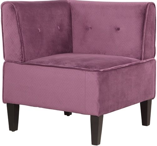 Linon 36820VIO01U Corner Chair; Add bold, unique style to a bedroom or living space; Fun, contemporary design has dark espresso finished legs and is upholstered in a violet microfiber that has a subtle diamond pattern; Button tufted back and edges piping adds an extra layer of eyecatching details; 275 lbs weight capacity; UPC 753793935928 (36820-VIO01U 36820VIO-01U 36820-VIO-01U)