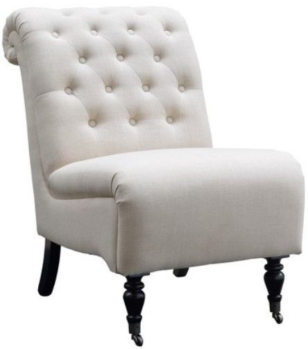 Linon 368255NAT01U Cora Natural Roll Back Tufted Chair; Exuding sophistication, has a timeless design that will easily complement traditional and transitional furnishings; Upholstered in a Natural Linen fabric, the chair is accented with designer details such as silver nailheads, black finished decorative legs and a tufted back; UPC 753793935799 (368255-NAT01U 368255NAT-01U 368255-NAT-01U)