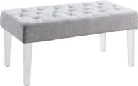 Linon 368261PLAT01 Ella Acrylic Leg Platinum Bench; Exuding modern design and appeal, is perfect for adding eyecatching style to any space; Clear acrylic legs offer a dramatic look to the simple shape; Plush seat is upholstered in a platinum polyester fabric and features simple tufted details; 18" Seat Height; 275 lbs Weight capacity; UPC 753793946528 (368261-PLAT01 368261PLAT-01 368261-PLAT-01) 