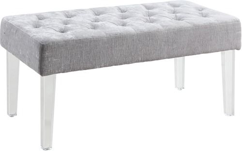Linon 368261PLAT01 Ella Acrylic Leg Platinum Bench; Exuding modern design and appeal, is perfect for adding eyecatching style to any space; Clear acrylic legs offer a dramatic look to the simple shape; Plush seat is upholstered in a platinum polyester fabric and features simple tufted details; 18