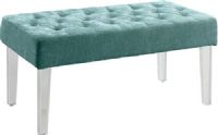 Linon 368261TEAL01 Ella Acrylic Leg Teal Bench; Exuding modern design and appeal, is perfect for adding eyecatching style to any space; Clear acrylic legs offer a dramatic look to the simple shape; Plush seat is upholstered in a teal polyester fabric and features simple tufted details; 18" Seat Height; 275 lbs Weight capacity; UPC 753793946535 (368261-TEAL01 368261TEAL-01 368261-TEAL-01) 