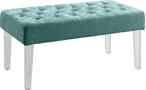 Linon 368261TEAL01 Ella Acrylic Leg Teal Bench; Exuding modern design and appeal, is perfect for adding eyecatching style to any space; Clear acrylic legs offer a dramatic look to the simple shape; Plush seat is upholstered in a teal polyester fabric and features simple tufted details; 18