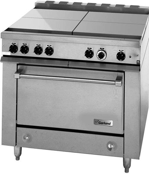 Garland 36ER35 Heavy-Duty Electric Range with 4 Boiler Top Sections and Standard Oven, 60 Hertz, 1 Phase, 18.5 Kilowatts, Boiler Top Style, Solid Door, Freestanding Installation, 1 Number of Ovens, Electric Power Type, Standard Oven Range Base Style, 6