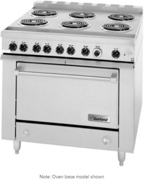 Garland 36ES33 Heavy-Duty Electric Range with 2 All-Purpose Top Sections and Storage Base, 61 Amps, 60 Hertz ,1 Phase, 208 Volts, 12.6 Kilowatts, Grates Burner, Solid Door, Freestanding Installation, 6 Number of Burners, Electric Power, Storage Base Range, Storage base adds convenient utility, Stainless steel front, sides, and front rail, 6