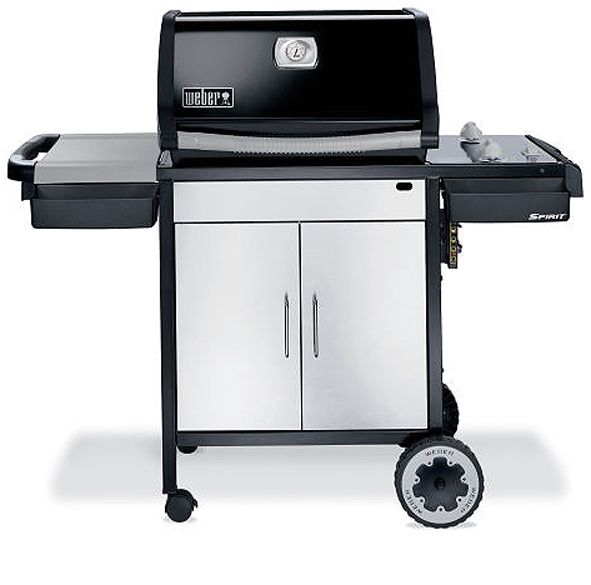 Weber 3711001 Model Spirit E-210 LP Gas Barbecue Grill, 2 Stainless Steel Burners, 26,000 BTUs, 528 sq. in. cooking space, Black porcelain enameled lid, Lid thermometer, Welded porcelain enameled cooking grates, Porcelain enameled flavorizer bars, Piezo ignition, 2 condiment holders and 2 removable work surfaces, Enclosed cart with stainless steel doors (WEB3711001 WEB 3711001 WEB-3711001 E-210 E210 E 210 E-210 LP)