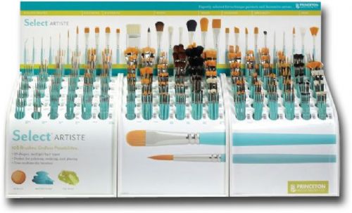 Princeton 3750AC108D Select Artiste, 108 SKU Brush Display Assortment (Counter); Unique shapes that offer endless possibilities for artists; Matte aqua painted handles; Nickel-plated brass ferules; For use with acrylic, watercolor, and oil paint; Perfect for painting, staining, and glazing; UPC PRINCETON3750AC108D  (PRINCETON3750AC108D PRINCETON 3750AC108D 3750 AC108D 3750AC 108D 3750AC108 D 3750 AC 108 D)