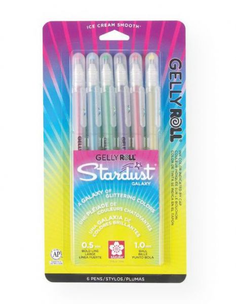 Gelly Roll 37903 Stardust Gel Pen 6-Pack Galaxy; Stardust sparkles on light or dark colored, glossy, or matte paper with a reflective pigment-based ink; The glittery 'dust' is an inert, cosmetic grade, finely ground glass - which produces the reflective brilliance; Set includes 6 pens: Rose, Sky, Lime, Purple, Golden, and Red; Colors subject to change; Shipping Weight 1.00 lb; Shipping Dimensions 7.00 x 4.00 x 0.12 in; UPC 053842379032 (GELLYROLL37903 GELLYROLL-37903 STARDUST-37903 ARTWORK)