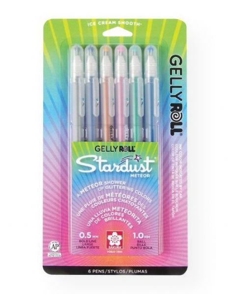 Gelly Roll 37904 Stardust Gel Pen 6-Pack Meteor; Stardust sparkles on light or dark colored, glossy, or matte paper with a reflective pigment-based ink; The glittery 'dust' is an inert, cosmetic grade, finely ground glass - which produces the reflective brilliance; Set includes 6 pens: Silver, Marine, Copper, Pink, Green and Blue; Colors subject to change; Shipping Weight 1.00 lb; Shipping Dimensions 6.75 x 3.5 x 0.25 in; UPC 053842379049 (GELLYROLL37904 GELLYROLL-37904 STARDUST-37904 ARTWORK)