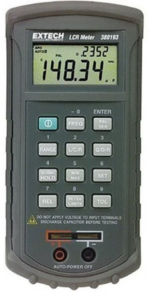 Extech 380193 Passive Component LCR Meter; Test frequencies of 120Hz and 1kHz, Set Hi/Lo limits using absolute values or percentage limits; Selectable Parallel or Series equivalent circuit; Built-in test fixture or use external test leads; Built-in RS-232 interface with optional Windows 95/98/NT/2000/XP compatible software to display, analyze and store data for later analysis; Dimensions 7.56
