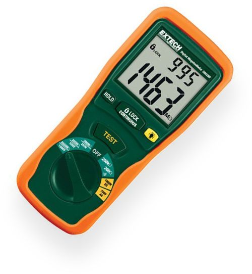 Extech 380260 Autoranging Digital Megohmmeter; Test voltages 250V, 500V, and 1000V;  Insulation Resistance to 2000 mohm; Data Hold to freeze displayed reading; Max Resolution 0.1 mohm; Basic Accuracy more or less 3 percent; AC Voltage Test; Lock Power On Function for hands free operation; Data Hold to freeze displayed reading; Dimensions 7.8