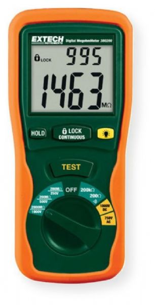 Extech 380260-NIST Autoranging Digital Megohmmeter with NIST Certificate; Test voltages  250V, 500V, and 1000V; Insulation Resistance to 2000 mohm; Data Hold to freeze displayed reading; Max Resolution 0.1 mohm, Basic Accuracy more or less 3 percent; AC Voltage Test; Lock Power On Function for hands-free operation; Data Hold to freeze displayed reading; Dimensions 7.8