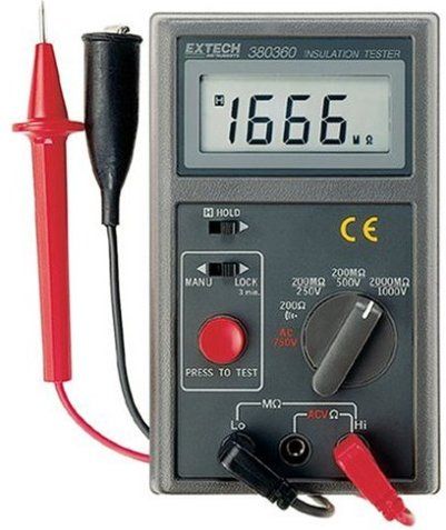 Extech 380360 Digital Megohmmeter; Three test voltages of 250V, 500V and 1000V; Insulation Resistance to 2000 mohm; Continuity measurements to 200 and Voltage to 600VAC; Safety Power Lock enables hands free operation for 3 minute test; Automatic discharge when safety 